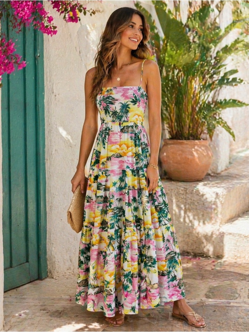 BB Dakota steve madden sizeMTropical Palm Print Maxi Dress - Pink, Yellow, Green